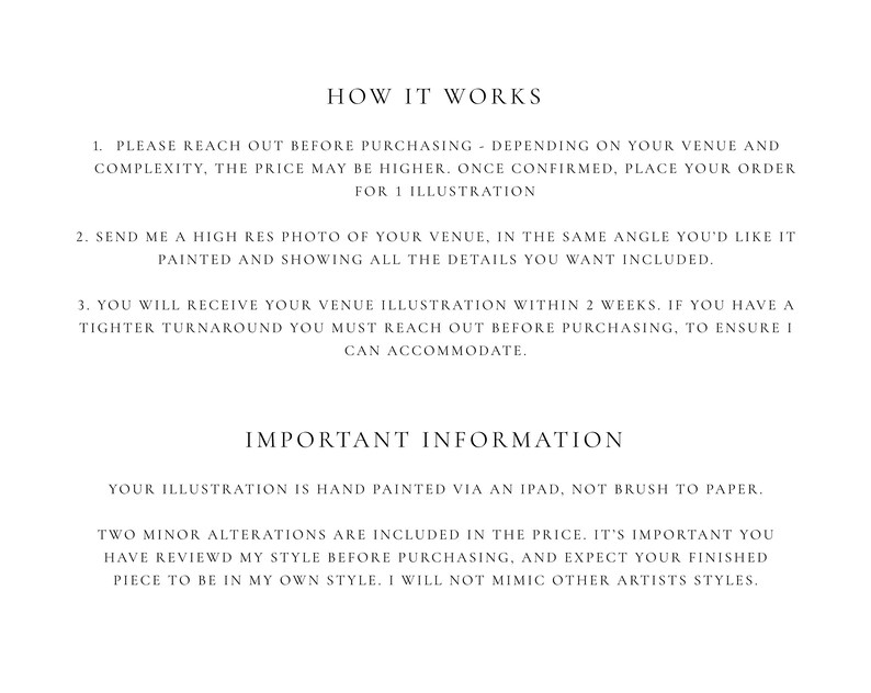 May include: Text explaining how to order a custom venue illustration. The text says to reach out before purchasing, send a high-resolution photo of the venue, and expect to receive the illustration within two weeks. It also mentions that the illustration is hand-painted on an iPad and includes two minor alterations in the price.