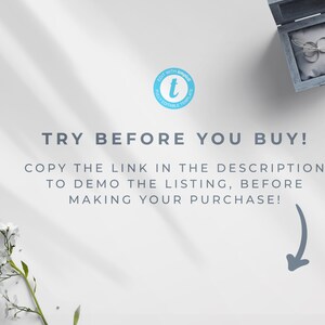 May include: Text overlay on a white background with a shadow effect reads "TRY BEFORE YOU BUY! COPY THE LINK IN THE DESCRIPTION TO DEMO THE LISTING, BEFORE MAKING YOUR PURCHASE!" with a downward pointing arrow. A small blue circle with a white "t" inside is in the upper right corner. A small wooden box with a white cushion and two silver rings is in the upper right corner.