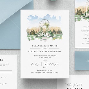 Invitación de boda con acuarela - Ilustración de lugar de celebración de bodas - Plantilla de invitación de boda editable - Descarga instantánea