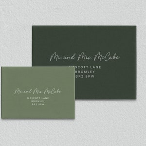 May include: Two green envelopes with white text. The top envelope reads "Mr. and Mrs. McCabe" and the bottom envelope reads "Mr and Mrs McCabe". Both envelopes have the address "MESCOTT LANE, BROMLEY, BR2 9PW".