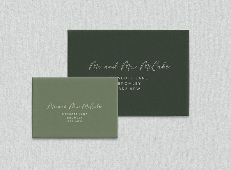 May include: Two green envelopes with white text. The top envelope reads "Mr. and Mrs. McCabe" and the bottom envelope reads "Mr and Mrs McCabe". Both envelopes have the address "MESCOTT LANE, BROMLEY, BR2 9PW".