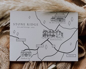 Printed custom illustration wedding map - Hand drawn map for wedding invitations - Illustrated map