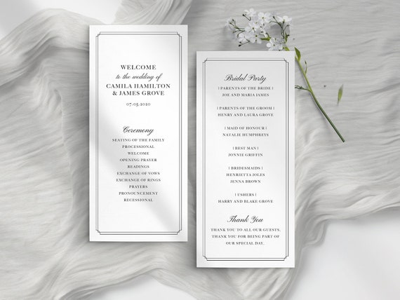 Editable wedding program template - Classic wedding ceremony program - Order of service - Instant download