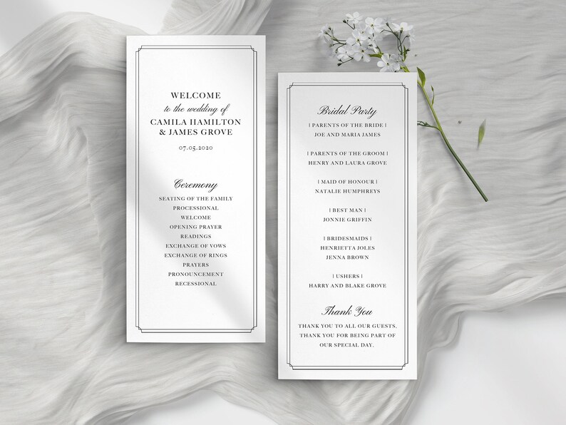 May include: A wedding ceremony order of service with black text on a white background. The order of service lists the order of events for the wedding ceremony of Camila Hamilton and James Grove, which is scheduled for 5th July 2020. The order of service also includes a list of the bridal party members.