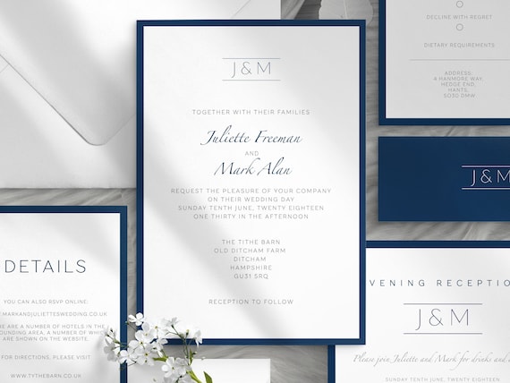 Printable modern invitation template - Navy wedding invitation suite - Minimalist wedding - Instant download