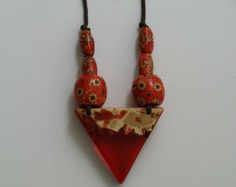 Resin Triangle Pendant with Hand Painted Wooden Beads