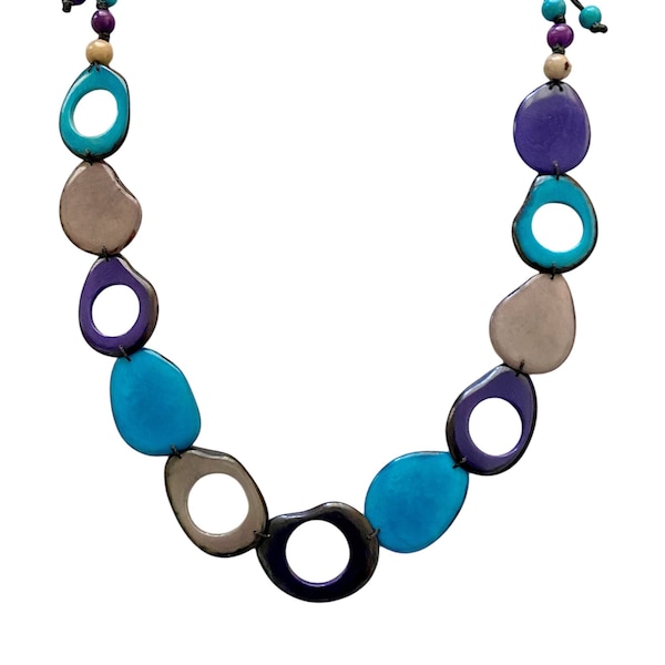 Collar de nuez de tagua turquesa morada, joyería orgánica ajustable