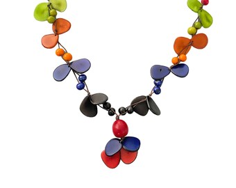 Tagua Nut Necklace / Tagua Nut Jewelry / Organic Palm Ivory Jewelry / Rainbow Tagua Necklace in  Green, Blue, Red, Orange and Black