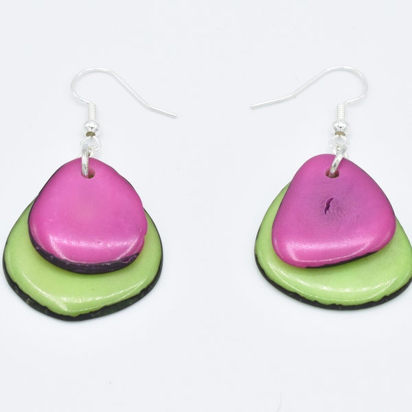 Tagua Nut Earrings / Tagua Nut Jewelry / Pink Green Tagua Earrings / Eco-Jewelry