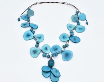 Tagua Nut Statement Necklace / Tagua Nut Jewelry / Turquoise Tagua Necklace / Organic Jewelry