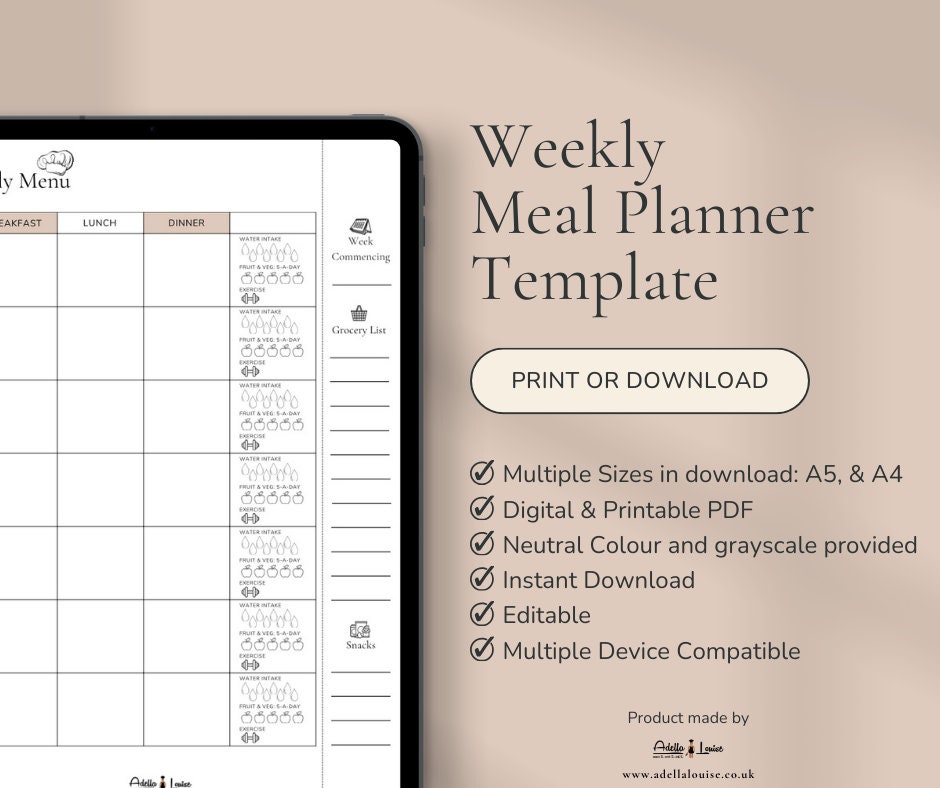 Weekly Meal Planner, 7 Day Menu Planner, Meal Prep Planner, Food ...
