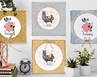 Imágenes de buen humor, abejas o llamas, imágenes con purpurina plateada u dorada.