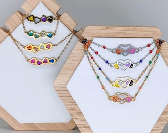 Pulsera de corazón e infinito para parejas - Colores del Orgullo Queer - Hombre bisexual, no binario, lesbiana y gay, plata u oro, LGBTQ+