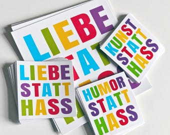 Pegatinas «Ama en lugar de odiar», lámina blanca con estampado colorido, pequeñas y grandes, autoadhesivas, set variado, arte y humor