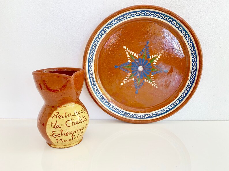 Vintage Earthenware red ware Pitcher; Restaurante La Chueta Echegaray 24 Madrid Redware Teracotta Pitcher