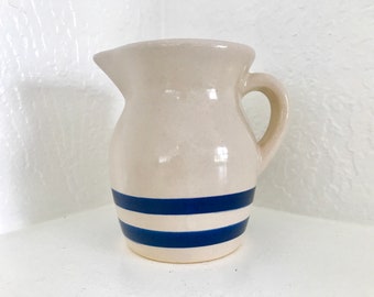 Vintage R.R.P. Co. Roseville USA #303-G Small Pitcher/ Creamer Natural glaze with navy blue stripes