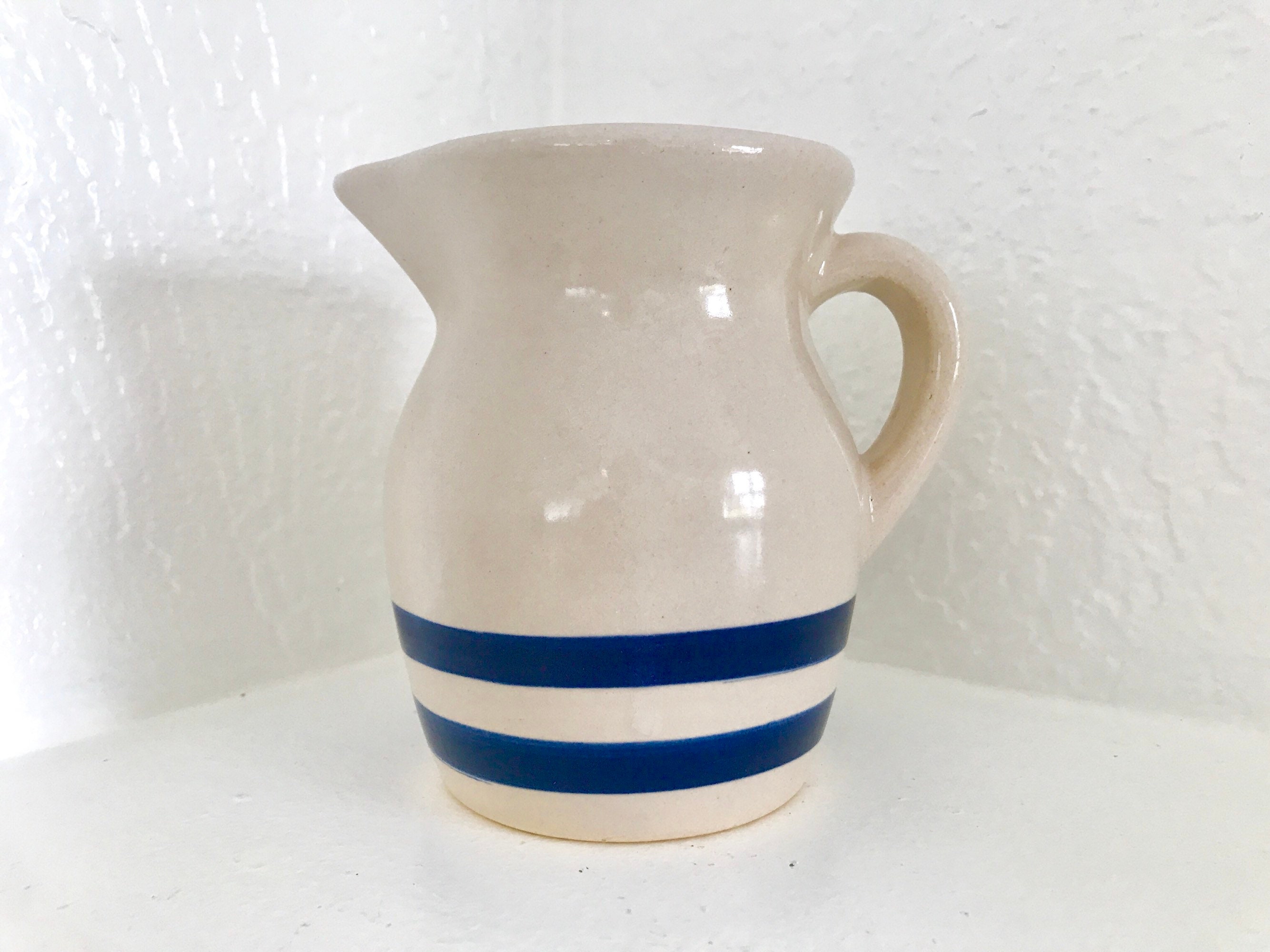 Vintage R.R.P. Co. Roseville USA #303-G Small Pitcher/ Creamer Natural glaze with navy blue stripes