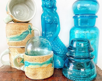 Vintage Stoneware handmade coffee mugs; Turquoise Coffee mugs