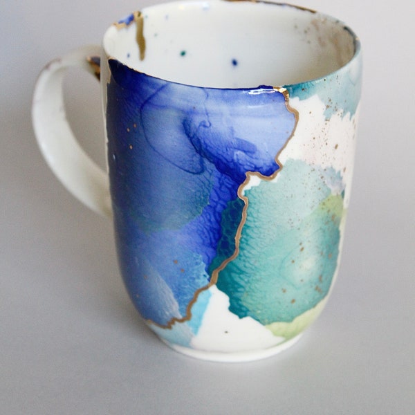 Large bluish mug, tea lovers cup, Colorful big mug, light porcelain mug with gold decors, unique gift, blue and gold