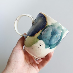 Colorful mug, light cup, porcelain for tea lovers, with gold decors, unique gift, 350 ml / 10 oz mug image 1