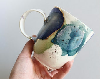 Colorful mug, light cup, porcelain for tea lovers, with gold decors, unique gift, 350 ml / 10 oz mug