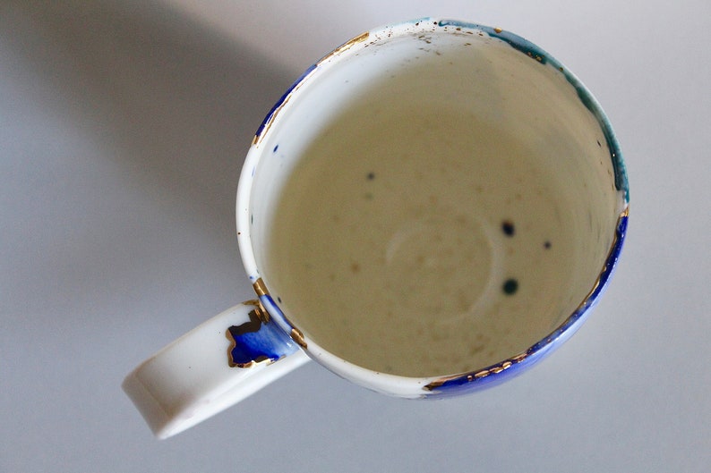 Large bluish mug, tea lovers cup, Colorful big mug, light porcelain mug with gold decors, unique gift, blue and gold image 4