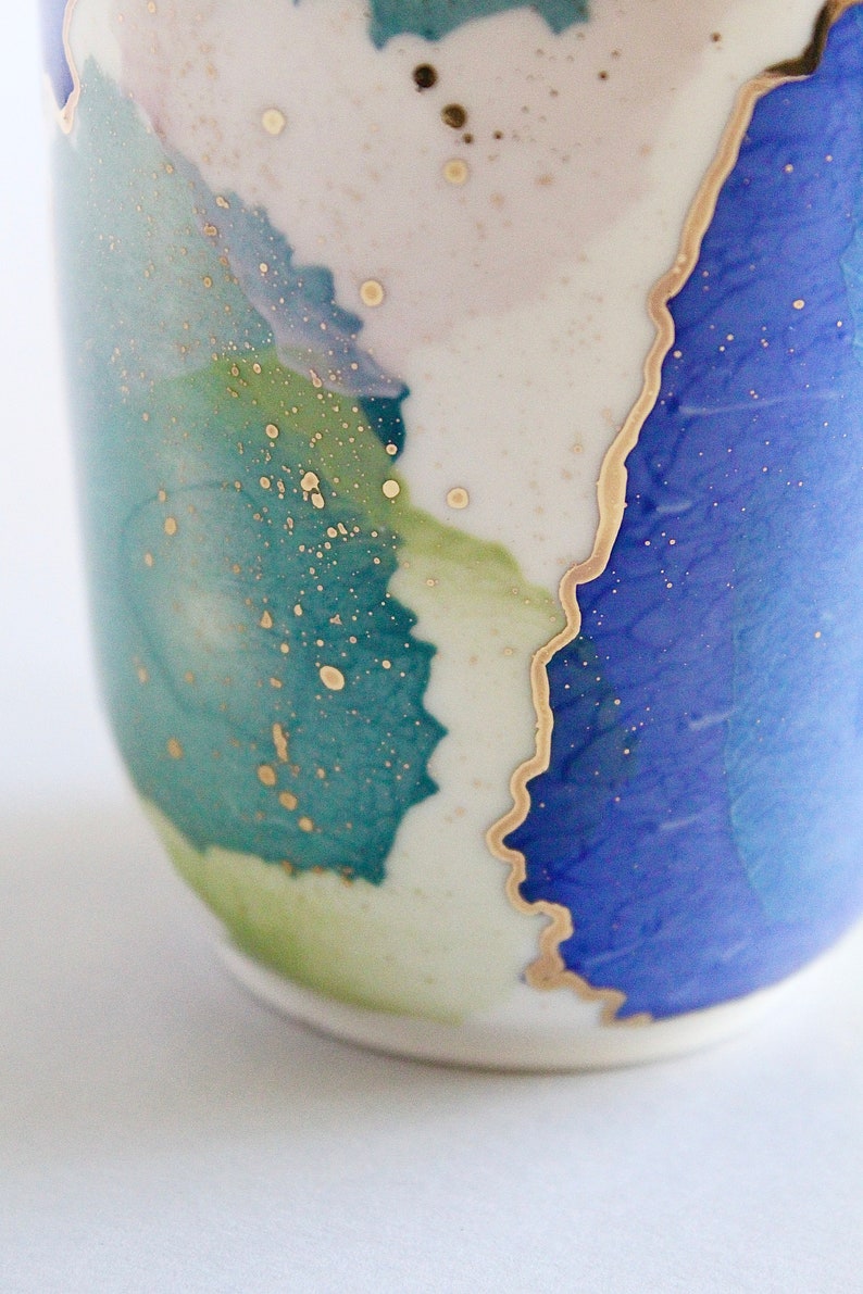 Large bluish mug, tea lovers cup, Colorful big mug, light porcelain mug with gold decors, unique gift, blue and gold image 3