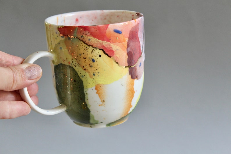 Coffee lovers cup, Rainbow colors porcelain mug, Light bright colorful cup, handmade pottery, watercolor painting on ceramic image 1