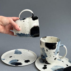 Black and white Unique Handmade Porcelain Mug: Work of Art, for Tea lovers mug with watercolor texture silver splashes, unique gift
