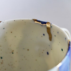 Large bluish mug, tea lovers cup, Colorful big mug, light porcelain mug with gold decors, unique gift, blue and gold image 5