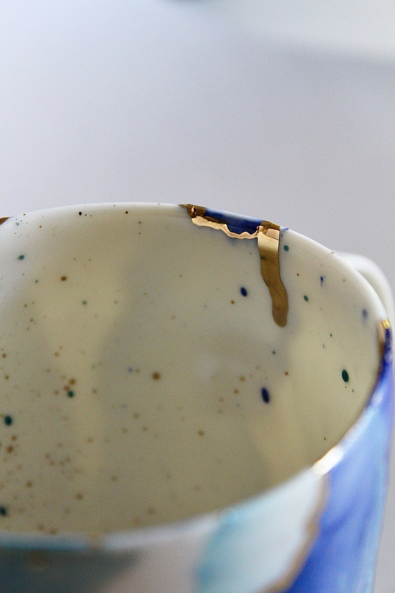 Large bluish mug, tea lovers cup, Colorful big mug, light porcelain mug with gold decors, unique gift, blue and gold image 5
