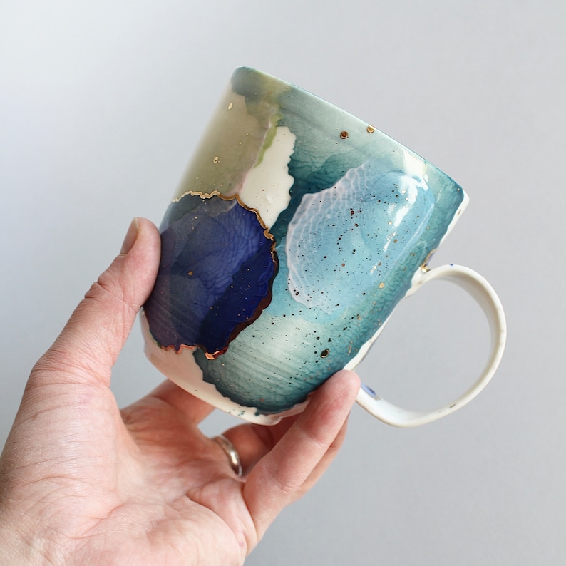 Colorful mug, light cup, porcelain for tea lovers, with gold decors, unique gift, 350 ml / 10 oz mug image 2