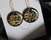 Black glossy hook earrings, Black and gold earrings, Glossy black with gold, Gold plated silver 925