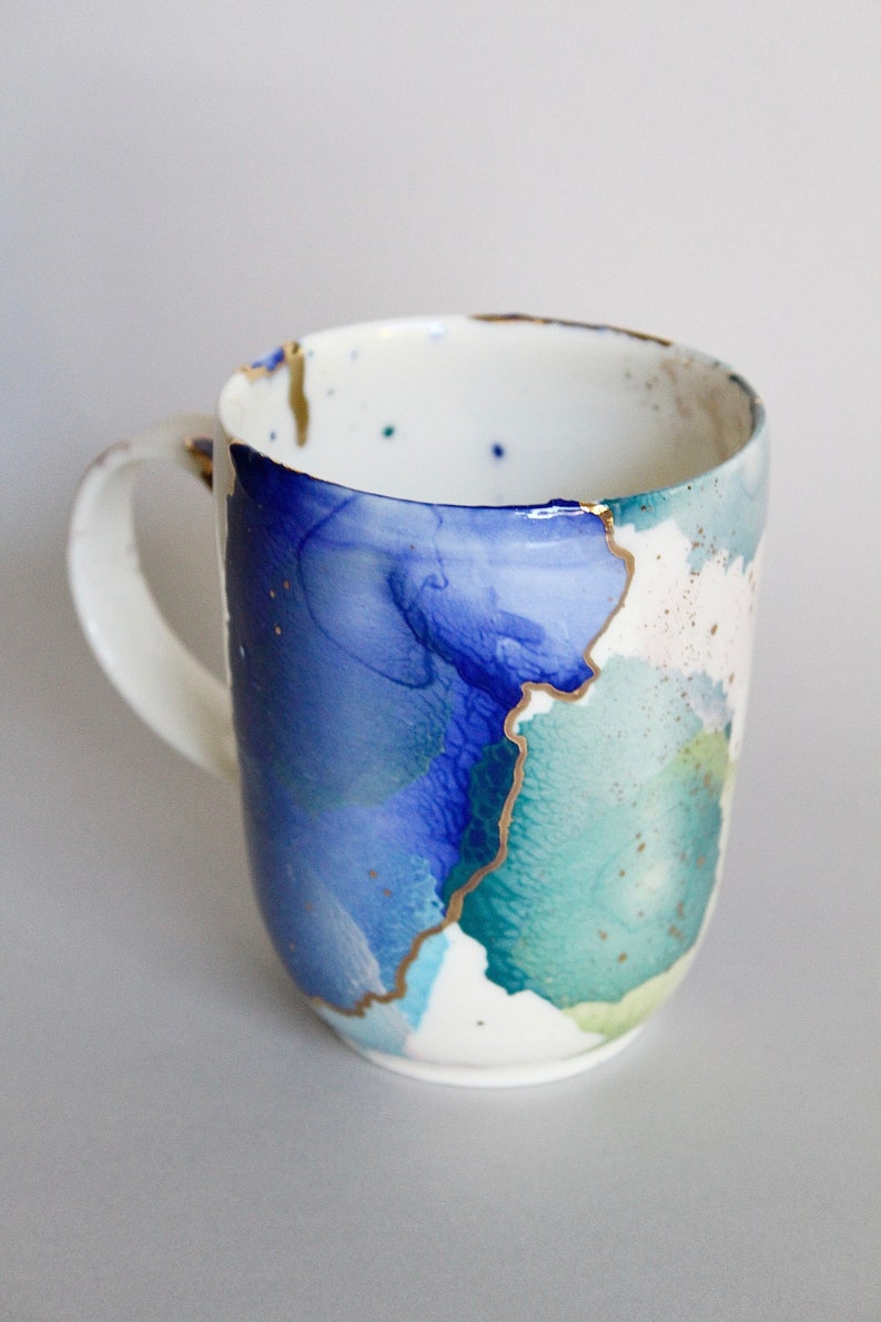 Large bluish mug, tea lovers cup, Colorful big mug, light porcelain mug with gold decors, unique gift, blue and gold image 1