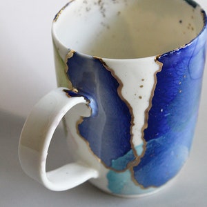 Large bluish mug, tea lovers cup, Colorful big mug, light porcelain mug with gold decors, unique gift, blue and gold image 2
