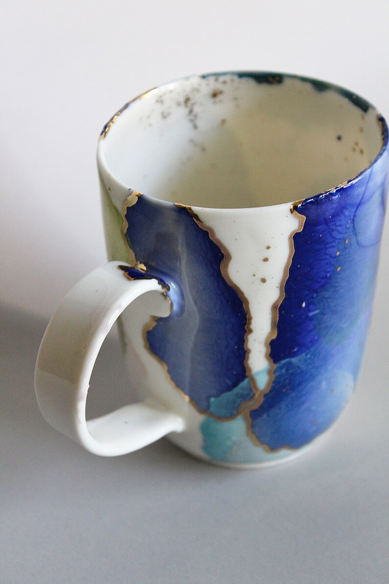 Large bluish mug, tea lovers cup, Colorful big mug, light porcelain mug with gold decors, unique gift, blue and gold image 2