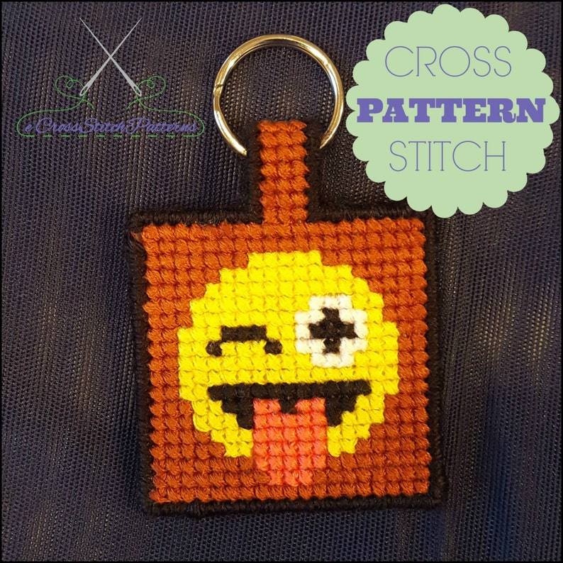 Emoji Key Chain Winking Eye and Sticking Out Tongue Cross Stitch Pattern Instant PDF download image 1