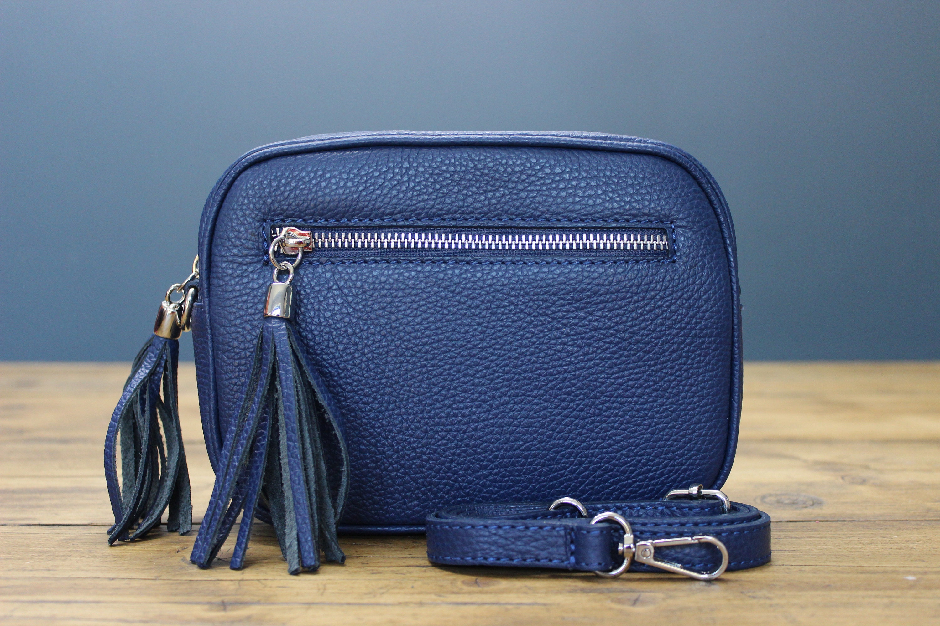 Navy Leather Crossbody Bag With Strap Etsy UK