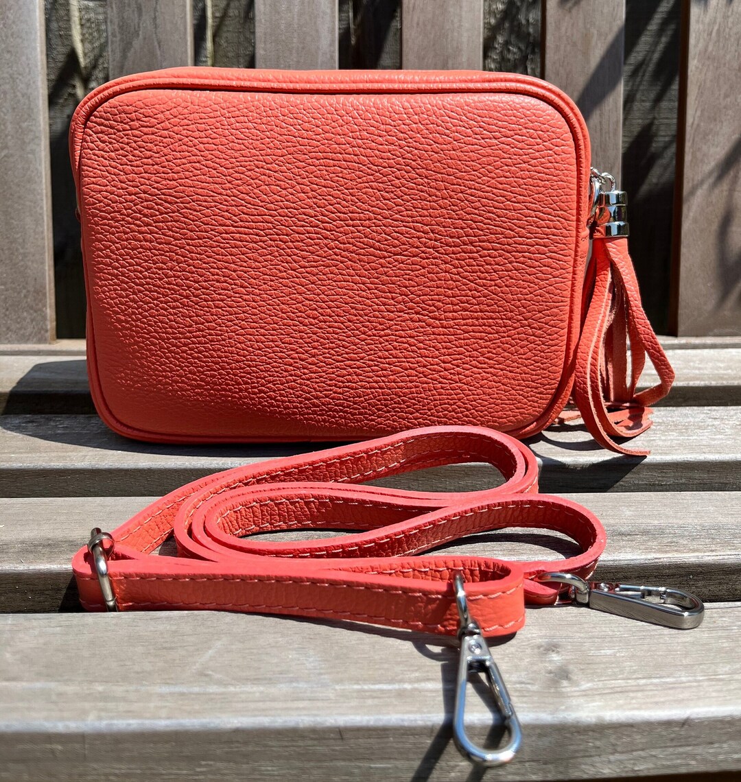 Coral Leather Crossbody Bag With Strap Etsy