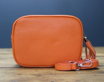 Orange Leather Crossbody Bag with Strap