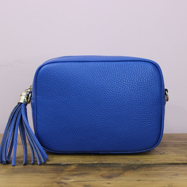 Electric Blue Leather Crossbody Bag with Strap