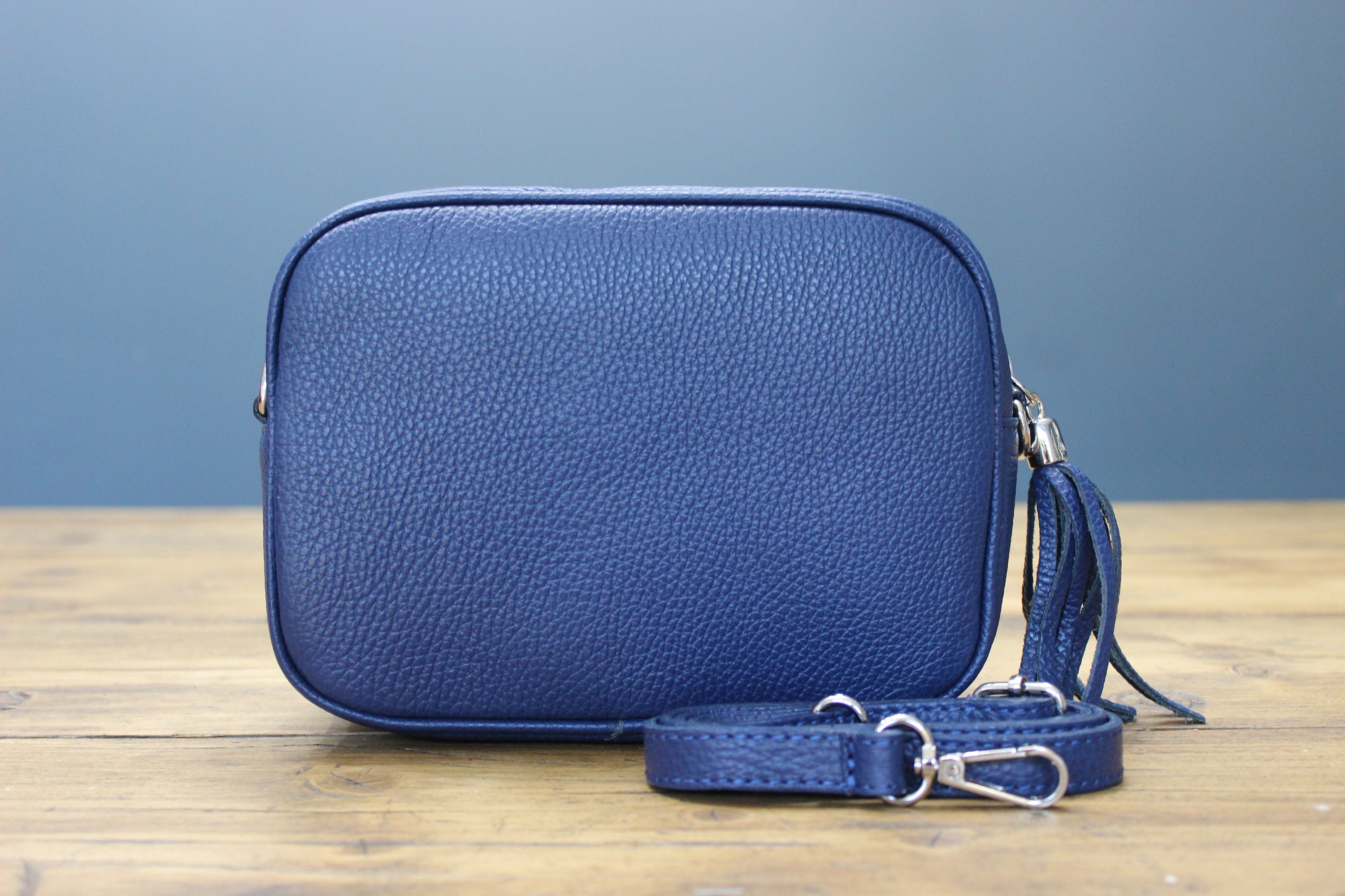 Navy Leather Crossbody Bag With Strap Etsy UK