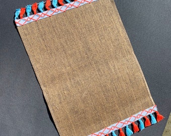 2 x Hessian Turquoise and Orange Tassel Placemat