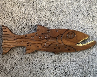 Carved wood fish / fish wall art with brass teeth / beach wall decor / fish wall decor / gift for dad / gift for fisherman / fishing gift