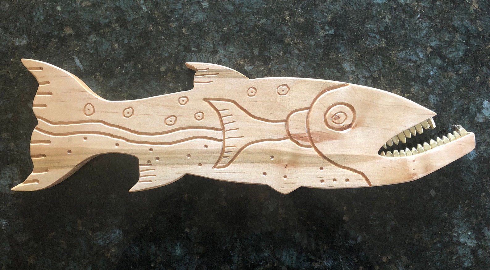 Carved wood fish wall art with brass teeth Etsy