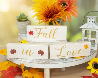 Fall in Love 3pc Wood Block Signs, Fall Decor, Fall Tiered Tray Decor, Fall Decorations, Fall Bridal Shower, Fall Wedding Decor