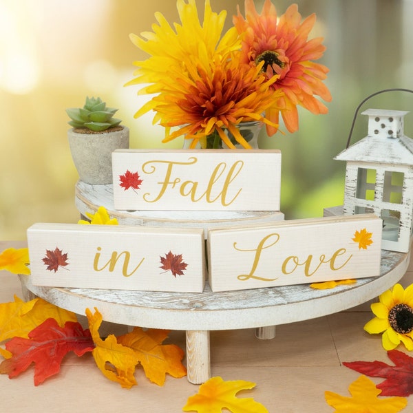Fall in Love 3pc Wood Block Signs, Fall Decor, Fall Tiered Tray Decor, Fall Decorations, Fall Bridal Shower, Fall Wedding Decor