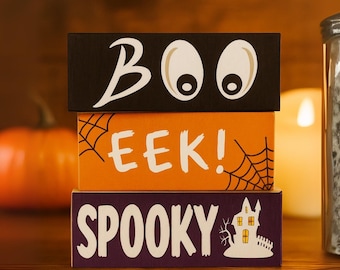 Halloween Wood Block Signs: Boo, Eek, Spooky - Tiered Tray Decor
