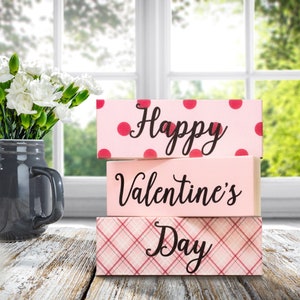 Happy Valentine&#39;s Day Decorations, Valentines Day Gift, Valentine&#39;s Day Signs, Tiered Tray Decor 3pc Wooden Block Set