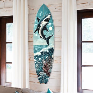 Surfboard Wall Decor, Shark Beach House Decor, Coastal Surfboard Wall Art, Outdoor Nautical Wall Decor